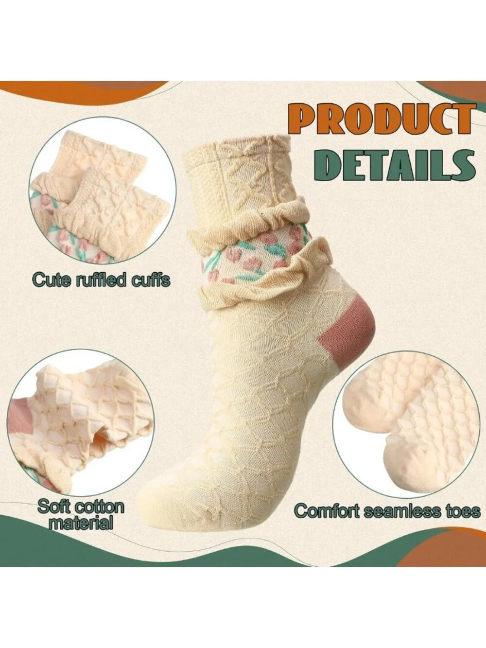 Cute Lace Ruffle Ankle Socks - 10 Pairs Floral Cotton Cottagecore Mid Tube